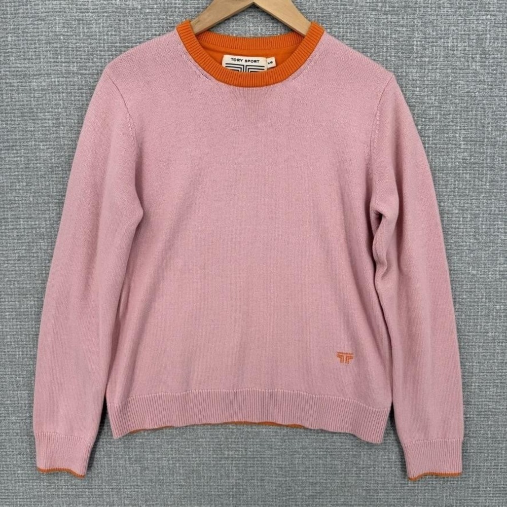 Tory Sport Sweater Womens L Pink Cashmere‎ Knit Logo Crewneck Contrast Pullover